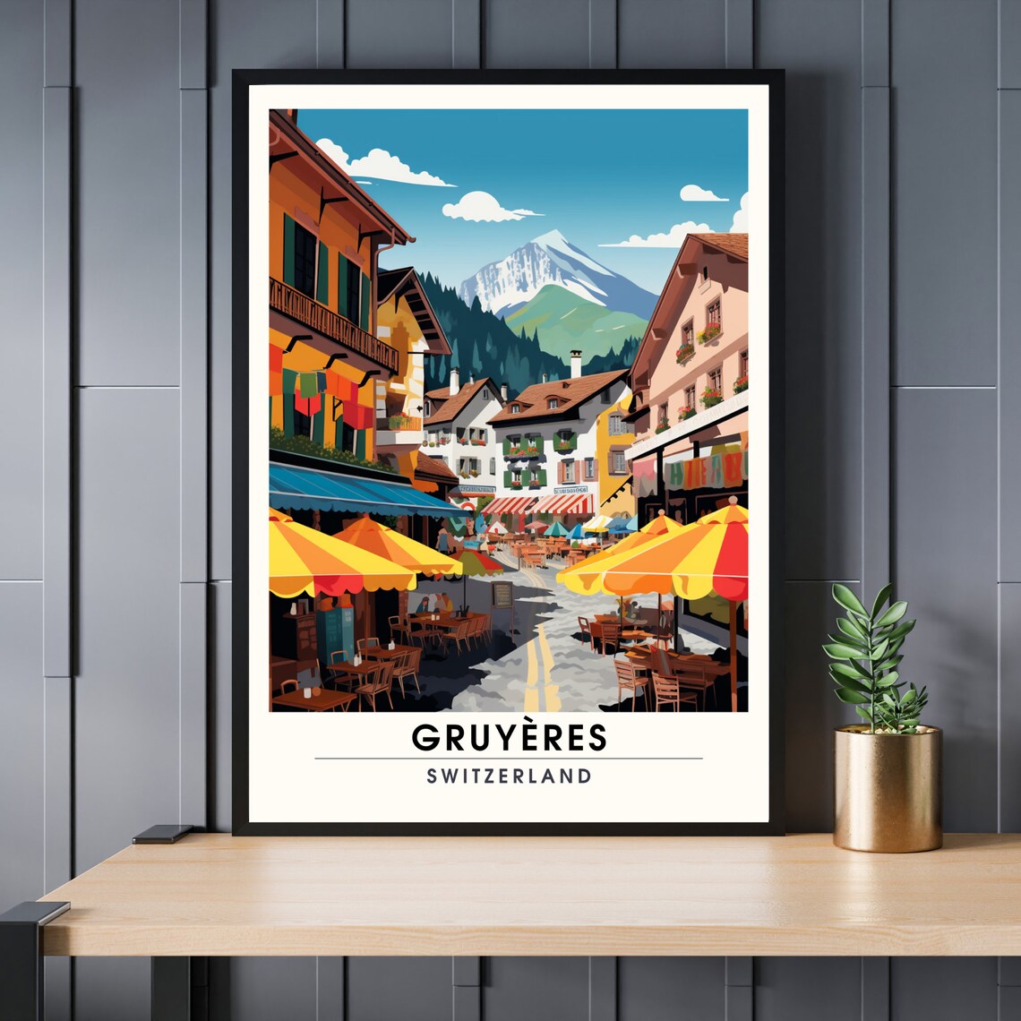Gruyères Switzerland Village Street with Alpine Mountain Poster