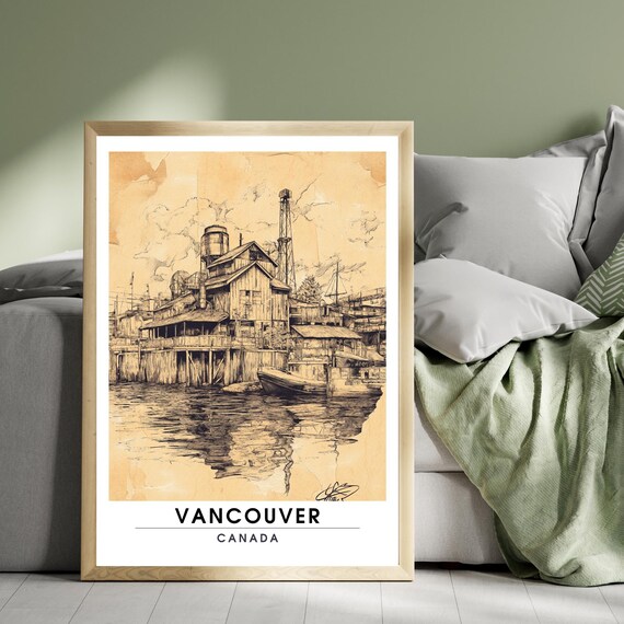 Vancouver Canada Vintage Sepia Waterfront Sketch Industrial Harbor Poster