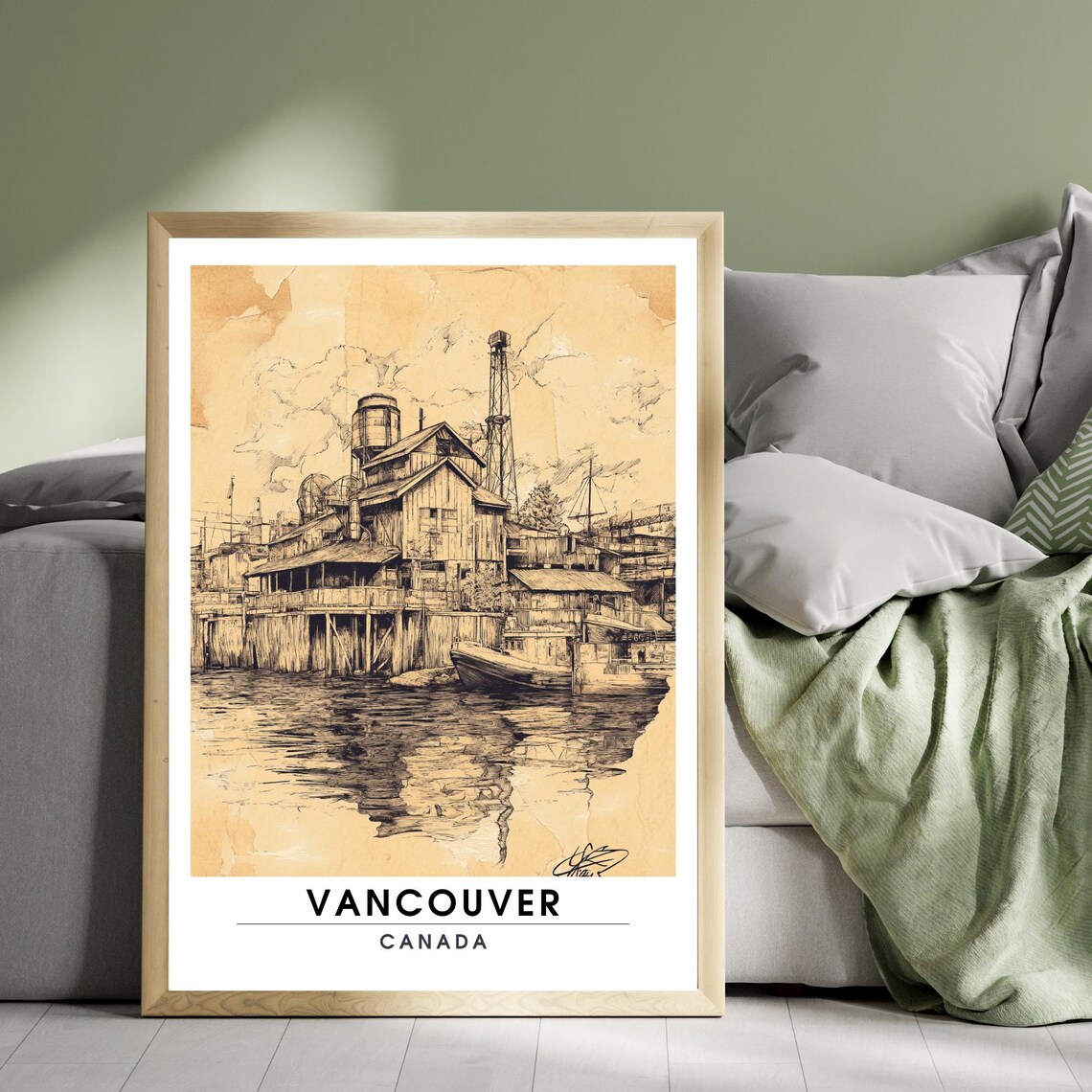 Vancouver Canada Vintage Sepia Waterfront Sketch Industrial Harbor Poster