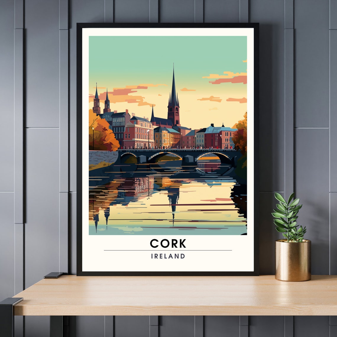 Cork Ireland Historic Riverside Sunset Skyline Travel Poster