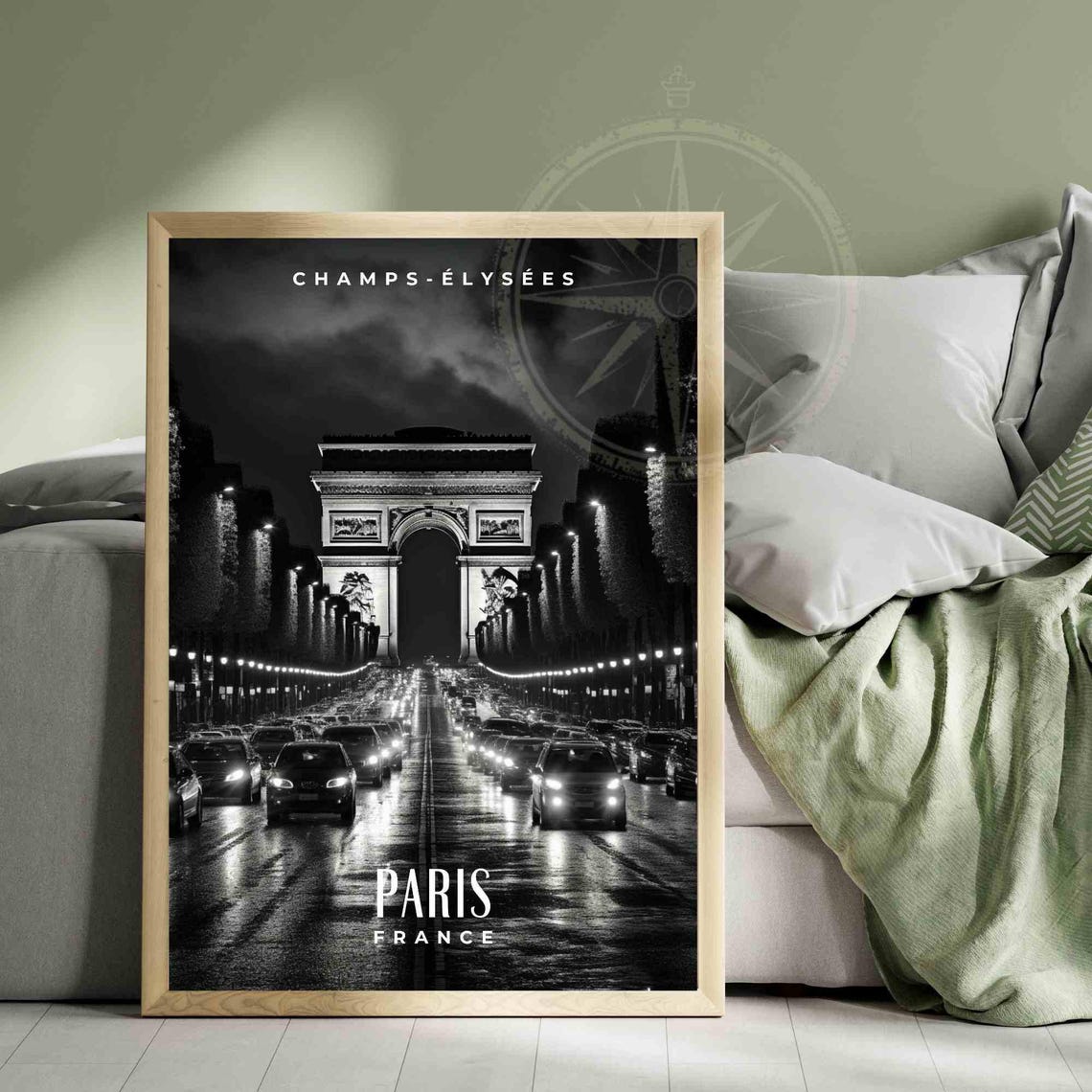 Paris Champs-Elysees Arc de Triomphe Night Traffic Black White Poster - Image 3