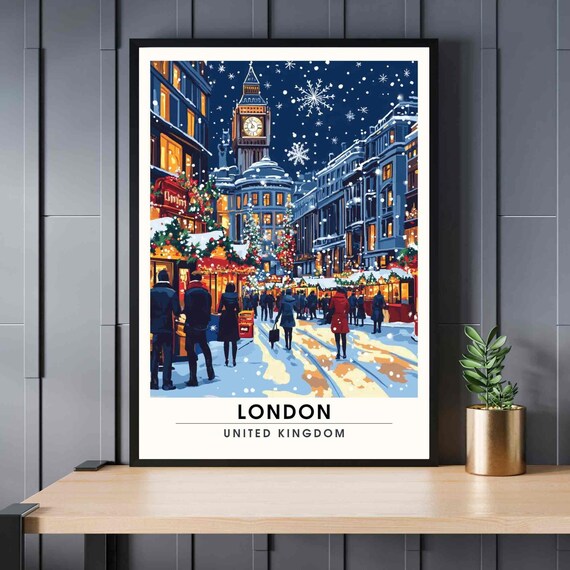 London Christmas Market Night Snow Big Ben Holiday Travel Poster