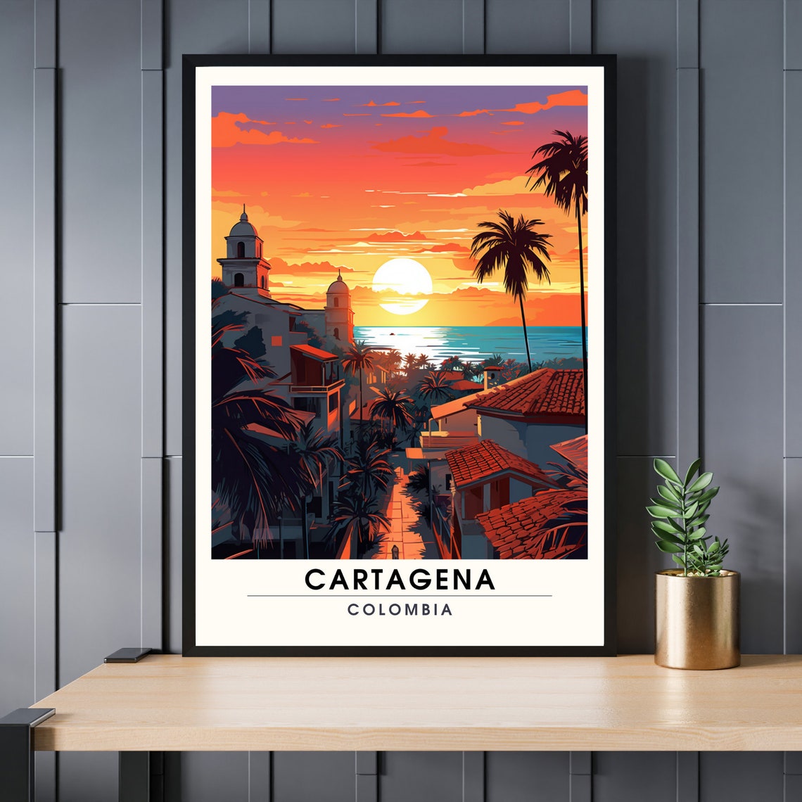 Cartagena Colombia Caribbean Sunset Beach Old Town Travel Poster