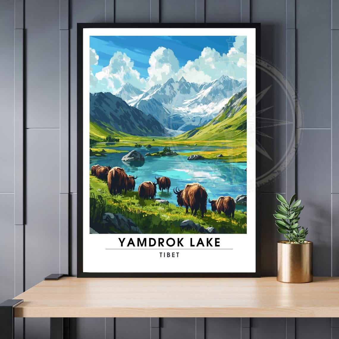 Yamdrok Lake Tibet Yaks Alpine Meadow Travel Poster Mountain Artwork