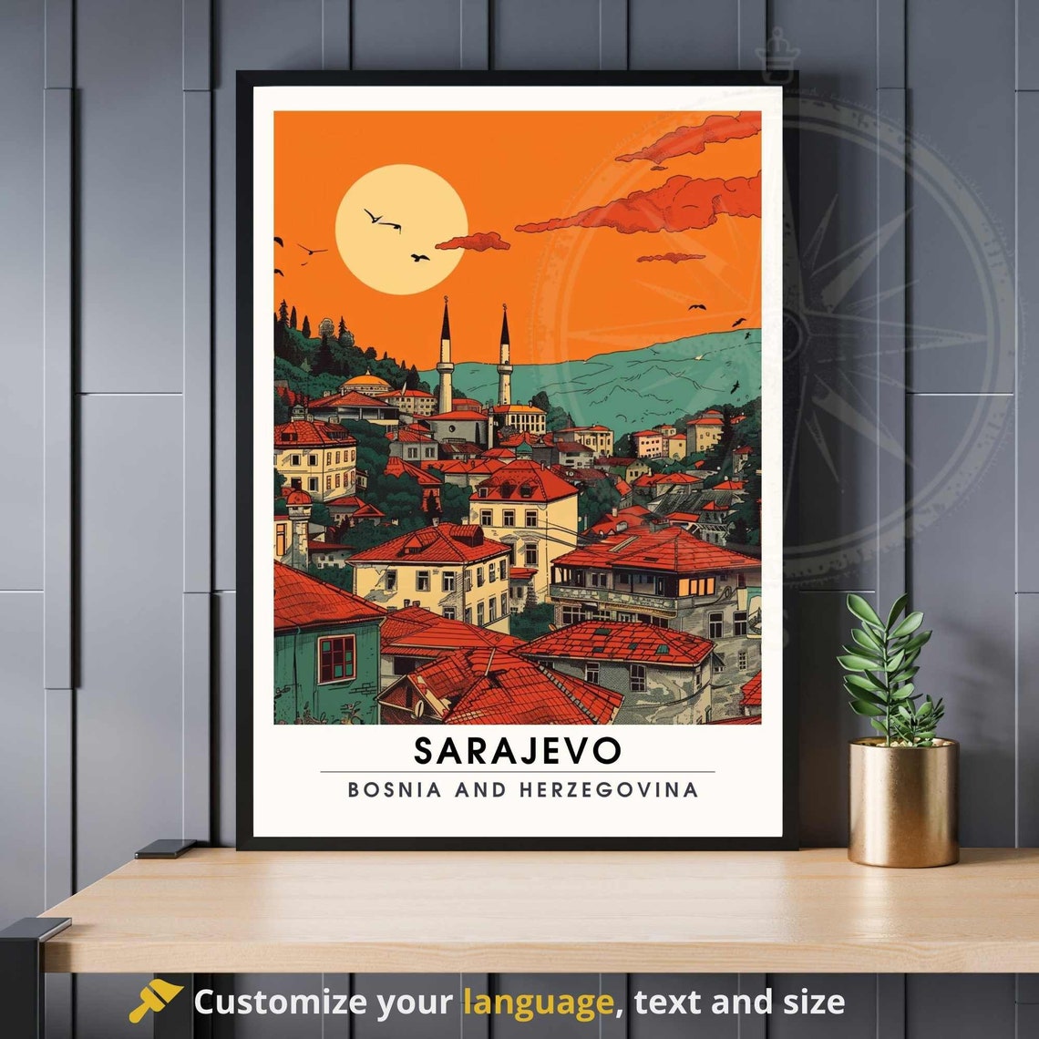 Sarajevo Old Town Sunset Rooftops Travel Illustration Poster