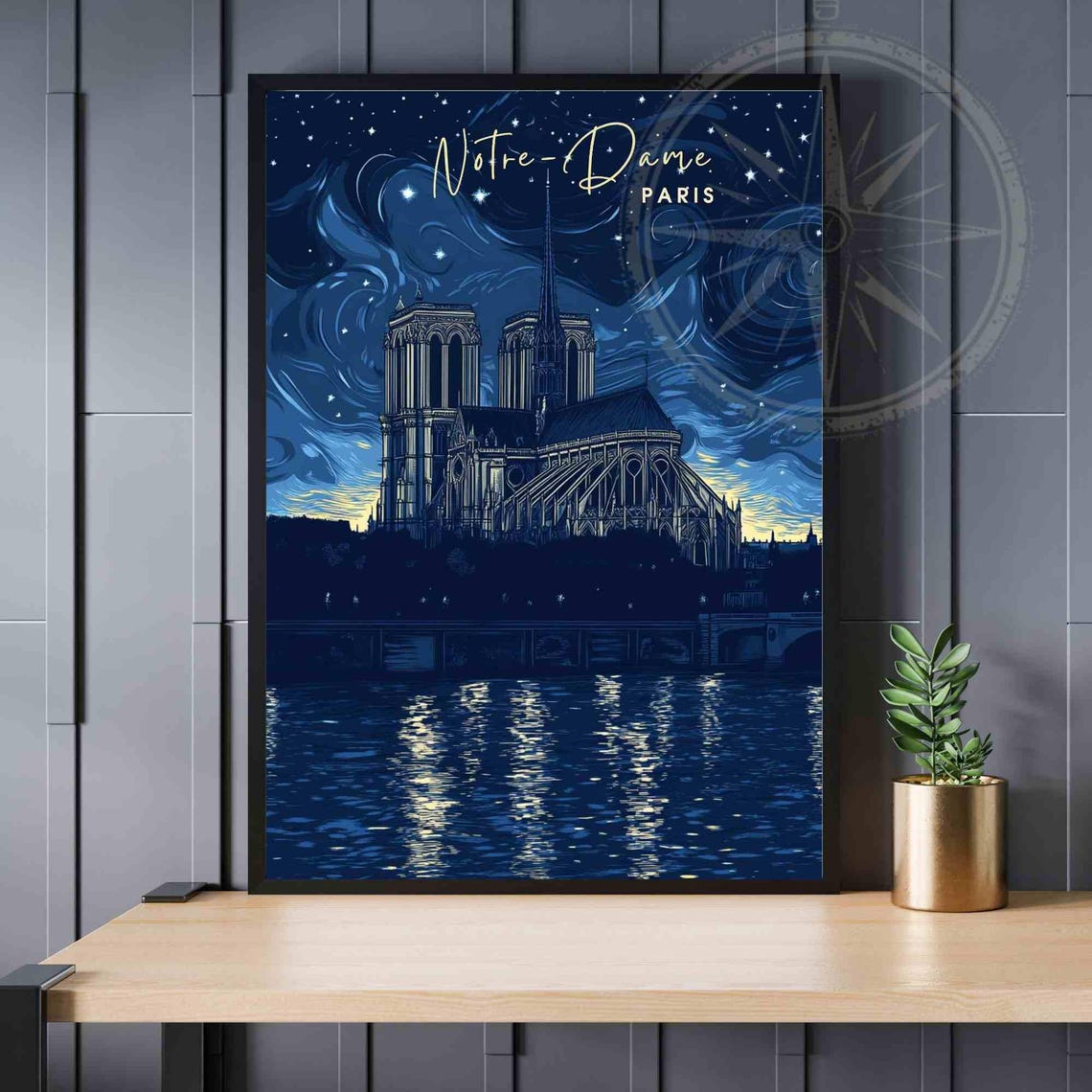 Paris Notre-Dame Swirling Starry Night Sky Over the River Poster