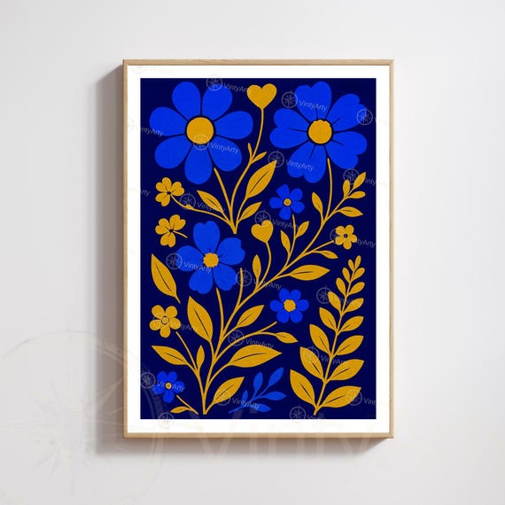 Blue And Gold Flowers Print Modern Botanical Poster Elegant Floral Wall Art