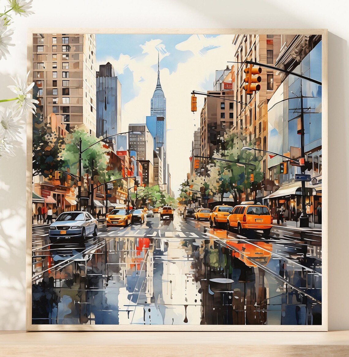 New York City Yellow Taxis Rainy Manhattan Street Watercolor Poster