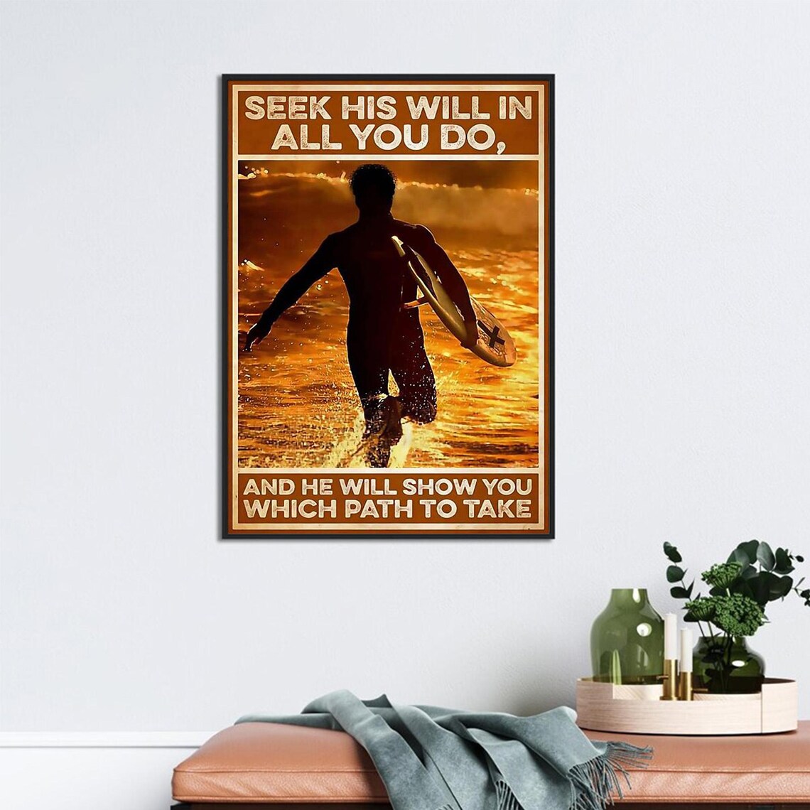 Seek His Will In All You Do Surfer At Sunset Faith Poster Art - Image 2