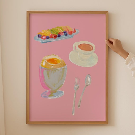 Breakfast Art Print Pastel Kitchen Decor Cute Food Illustration Fruit Coffee Egg Print Trendy Pink Wall Art
