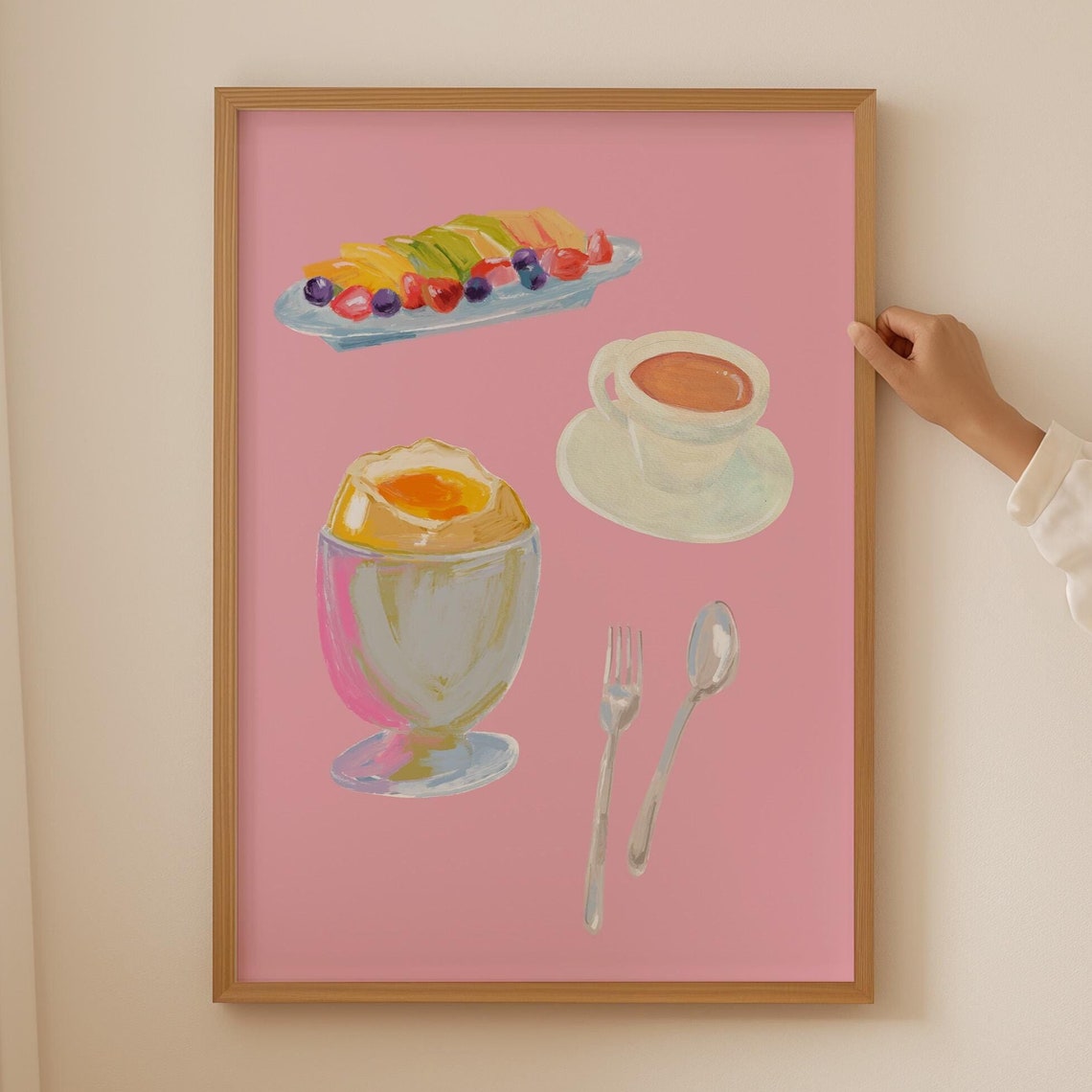 Breakfast Art Print Pastel Kitchen Decor Cute Food Illustration Fruit Coffee Egg Print Trendy Pink Wall Art