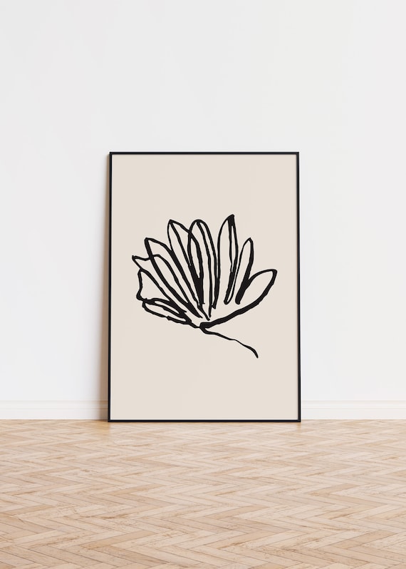Minimalist Modern Black Line Flower Drawing Neutral Beige Wall Art