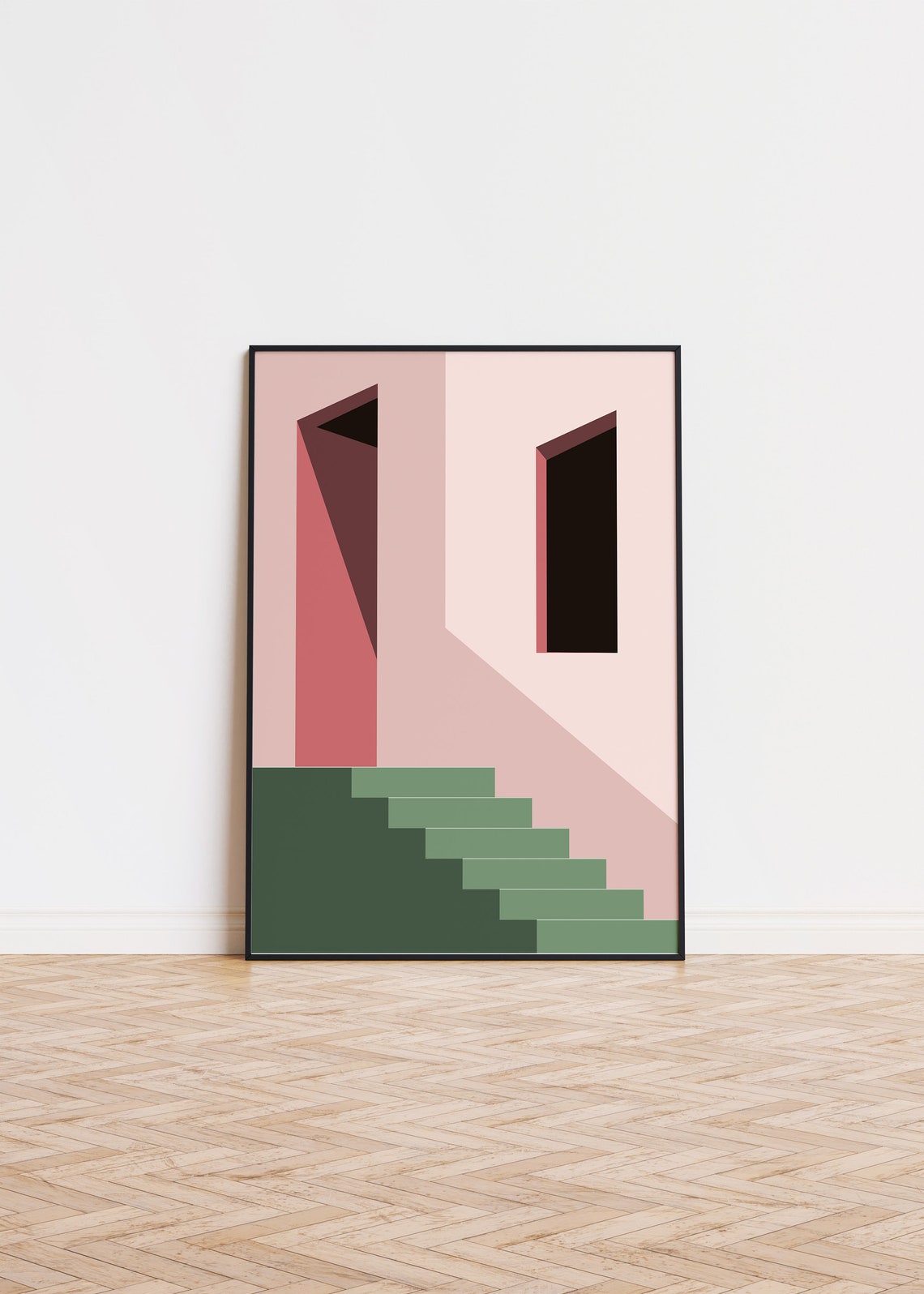 Geometric Pink Facade Green Stairs Abstract Architecture Poster