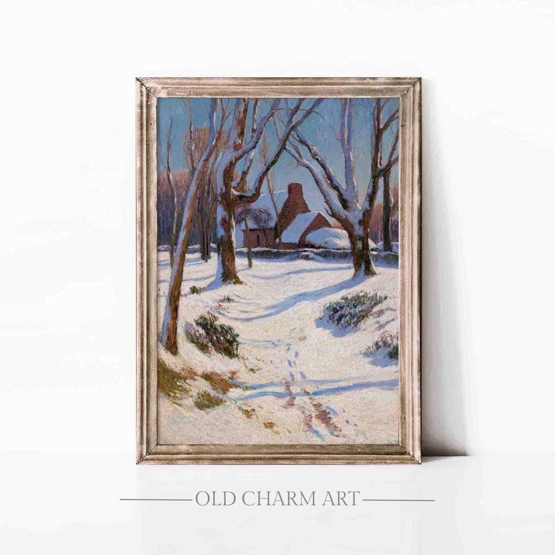 Sunny Snowy Village Bare Trees Brick House Impressionist Poster