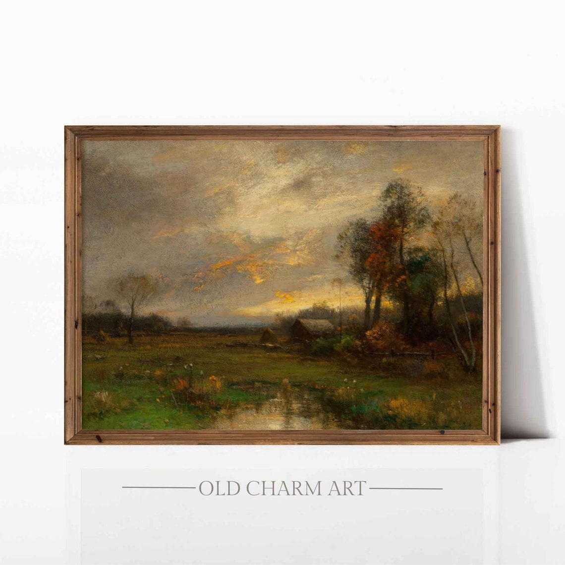 Moody Autumn Dusk Over Farmland With Barn and Pond Scenic Poster