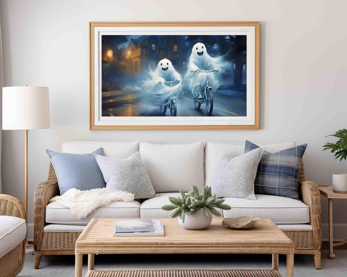 Spooky Cute Ghosts Riding Bicycles Night Street Halloween Poster - Image 3
