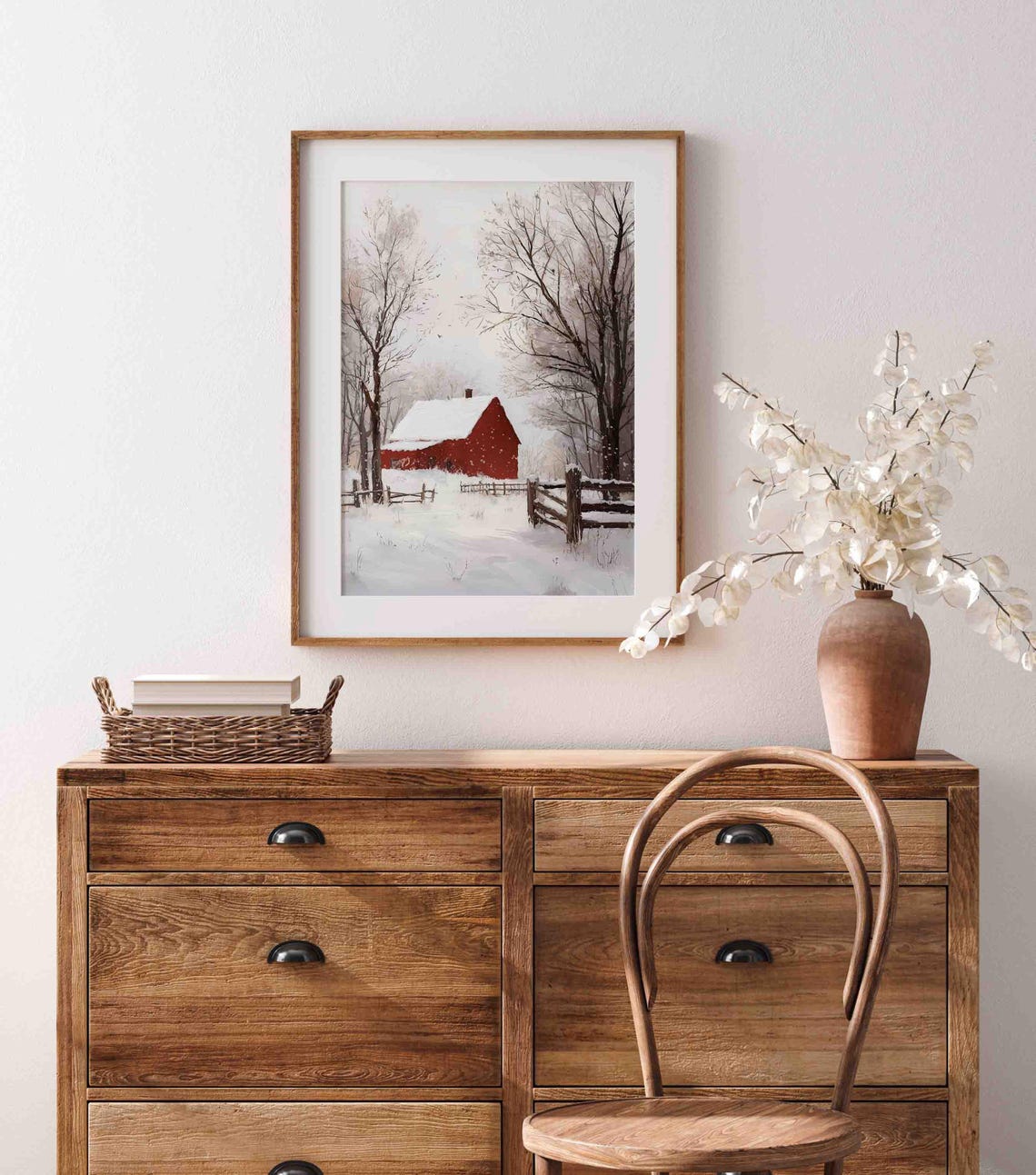 Lone Red Barn In Falling Snow Bare Trees Minimalist Winter Farm Poster - Image 4