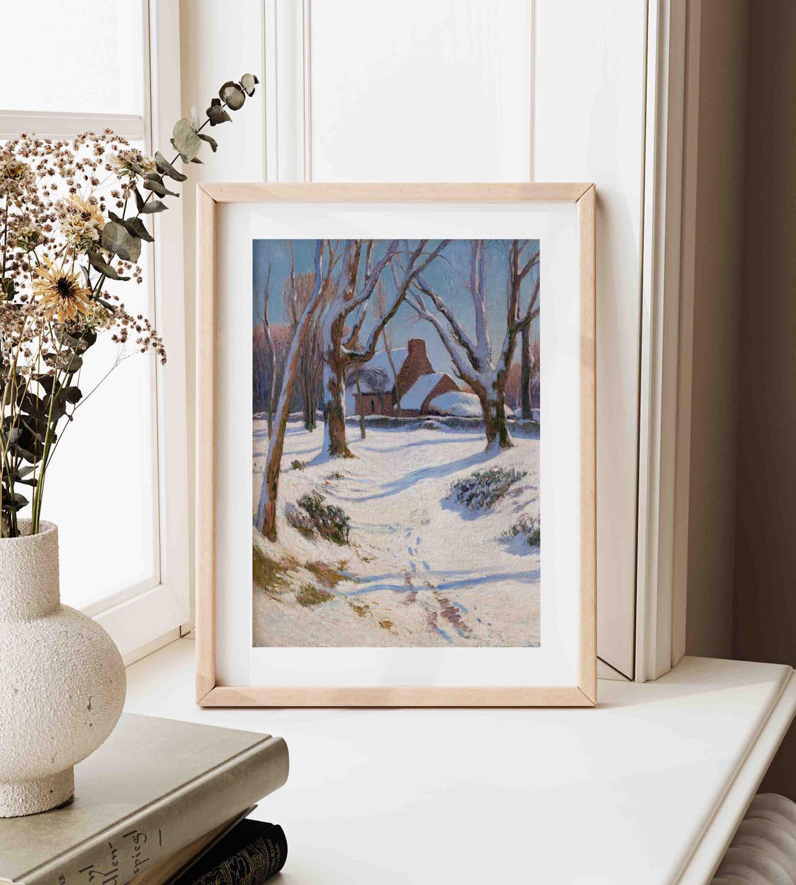 Sunny Snowy Village Bare Trees Brick House Impressionist Poster - Image 4