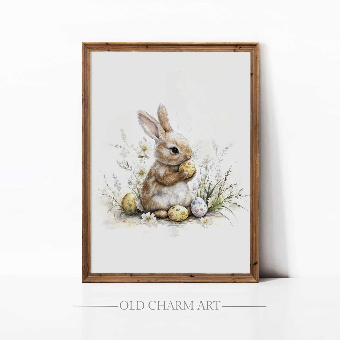 Watercolor Bunny Holding Easter Egg Wildflower Spring Nursery Art Poster