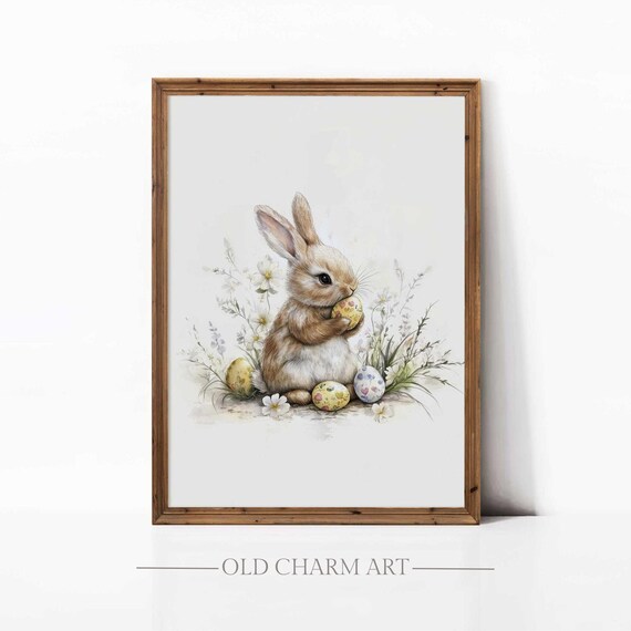 Watercolor Bunny Holding Easter Egg Wildflower Spring Nursery Art Poster