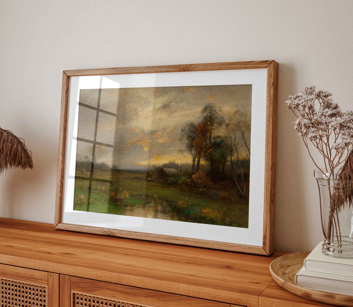 Moody Autumn Dusk Over Farmland With Barn and Pond Scenic Poster - Image 4