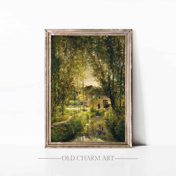 Country Landscape Painting Vintage Rustic Art Print Summer Farmhouse Decor Poster Wa70