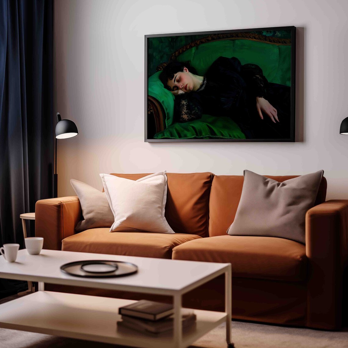 Moody Woman Reclining On Green Velvet Sofa Dark Academia Vintage Art Print - Image 3