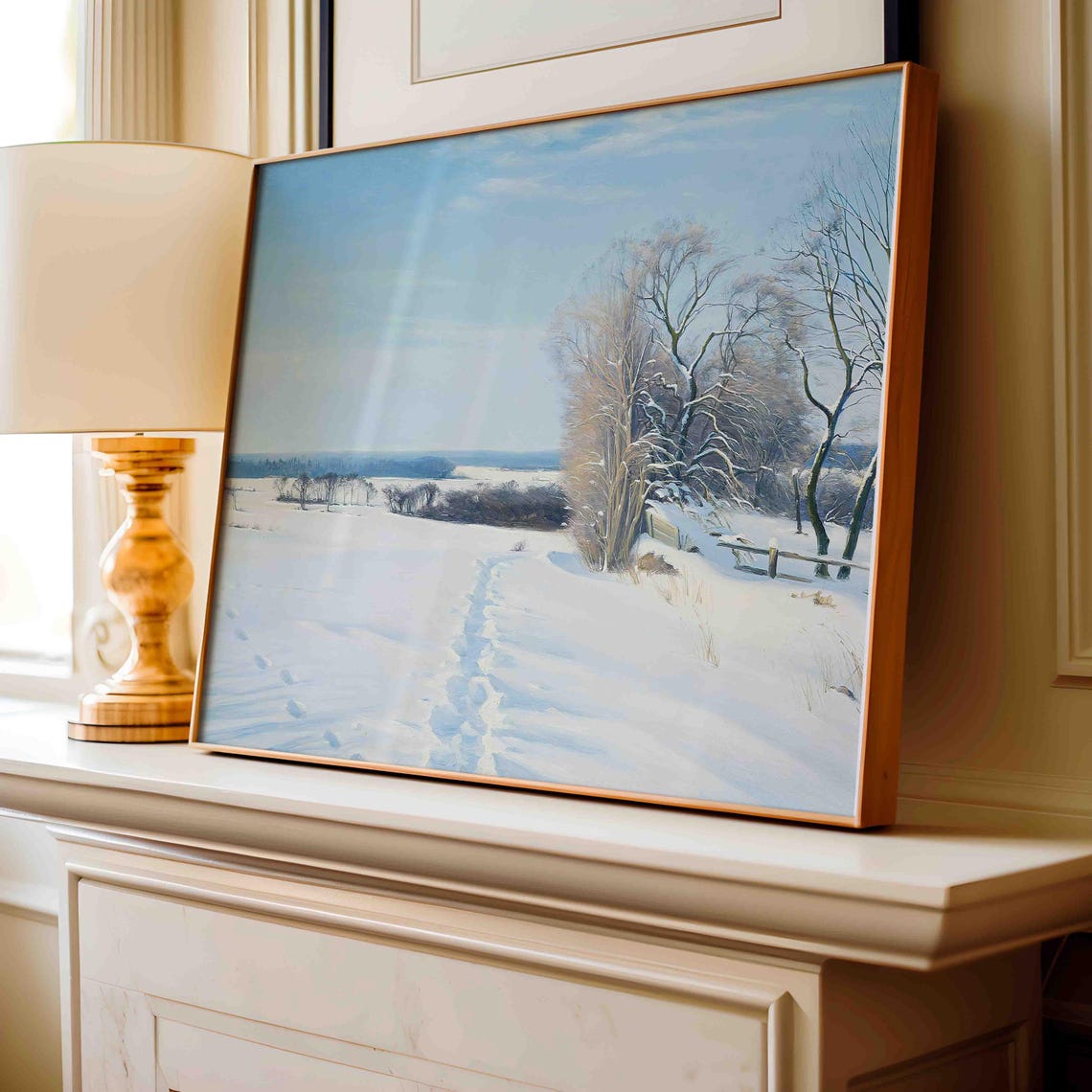 Sunlit Winter Field Snow Footprints Bare Trees Painting Poster - Image 2