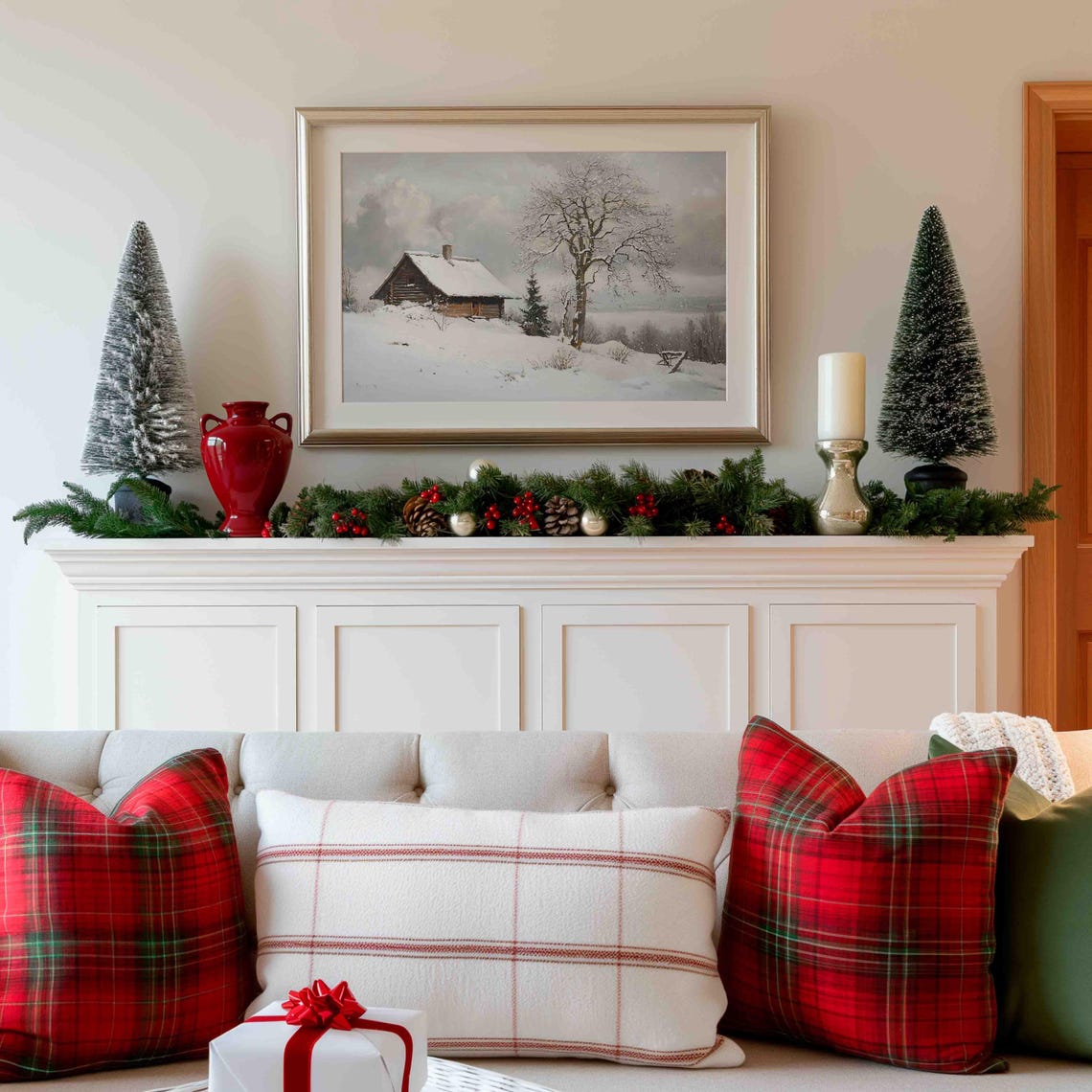 Quiet Winter Log Cabin Chimney Smoke Snowy Tree Painting Poster - Image 3