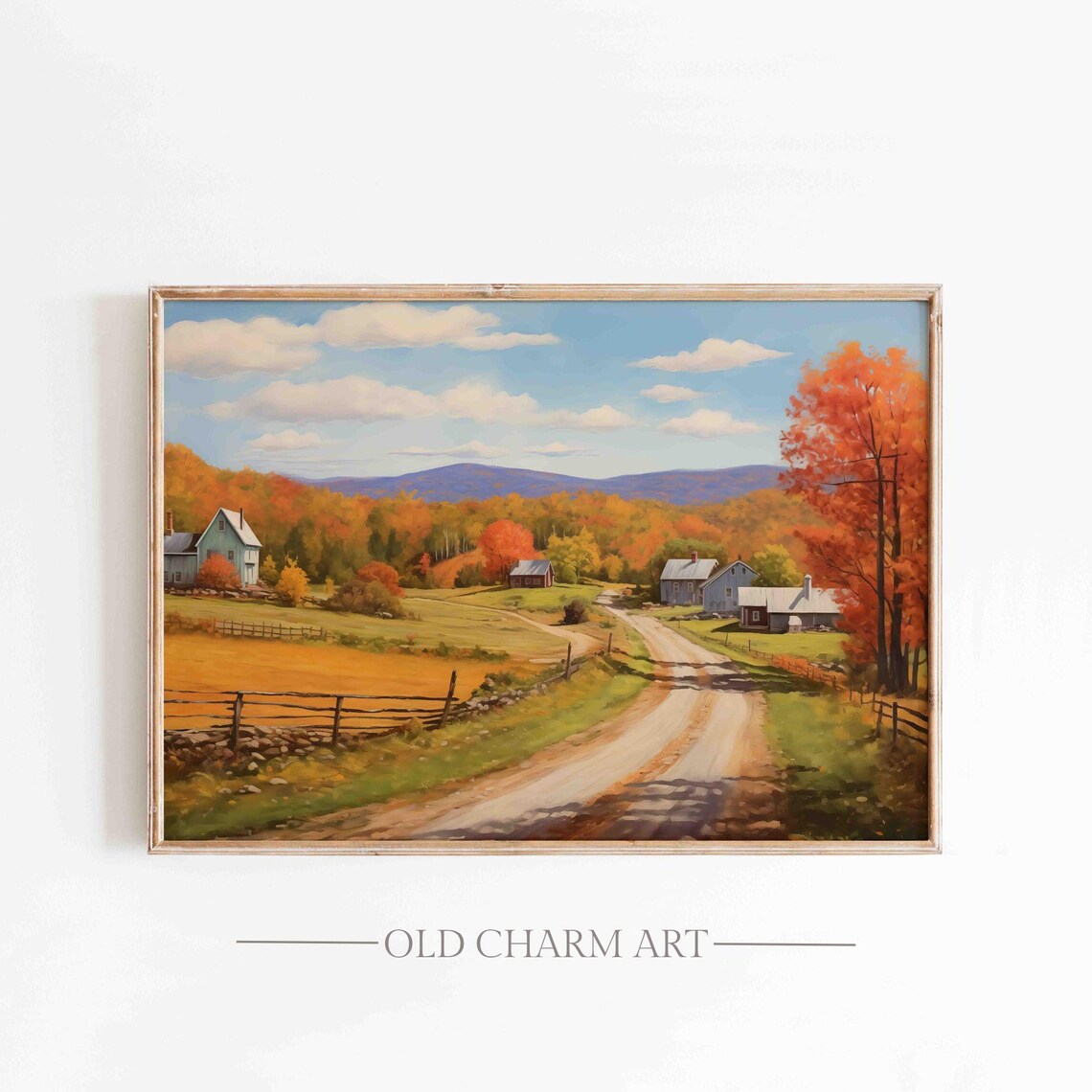 New England Fall Foliage Valley Farmhouses Dirt Road Autumn Poster
