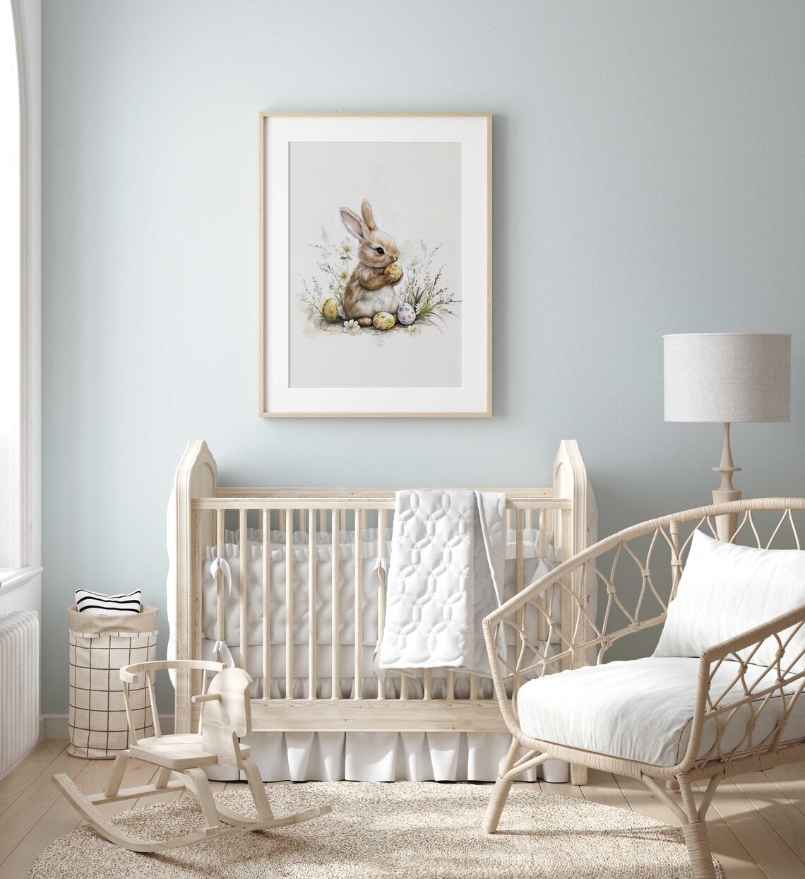 Watercolor Bunny Holding Easter Egg Wildflower Spring Nursery Art Poster - Image 3