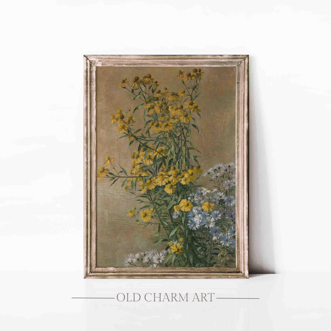 Antique Botanical Print Of Yellow Daisies And White Asters Art