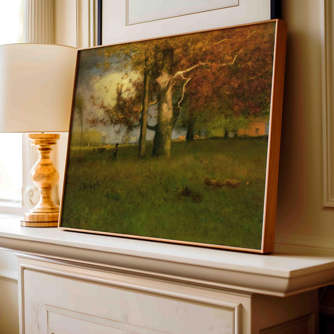Tonalist Autumn Pasture With Ancient Trees and Grazing Cows Poster - Image 3
