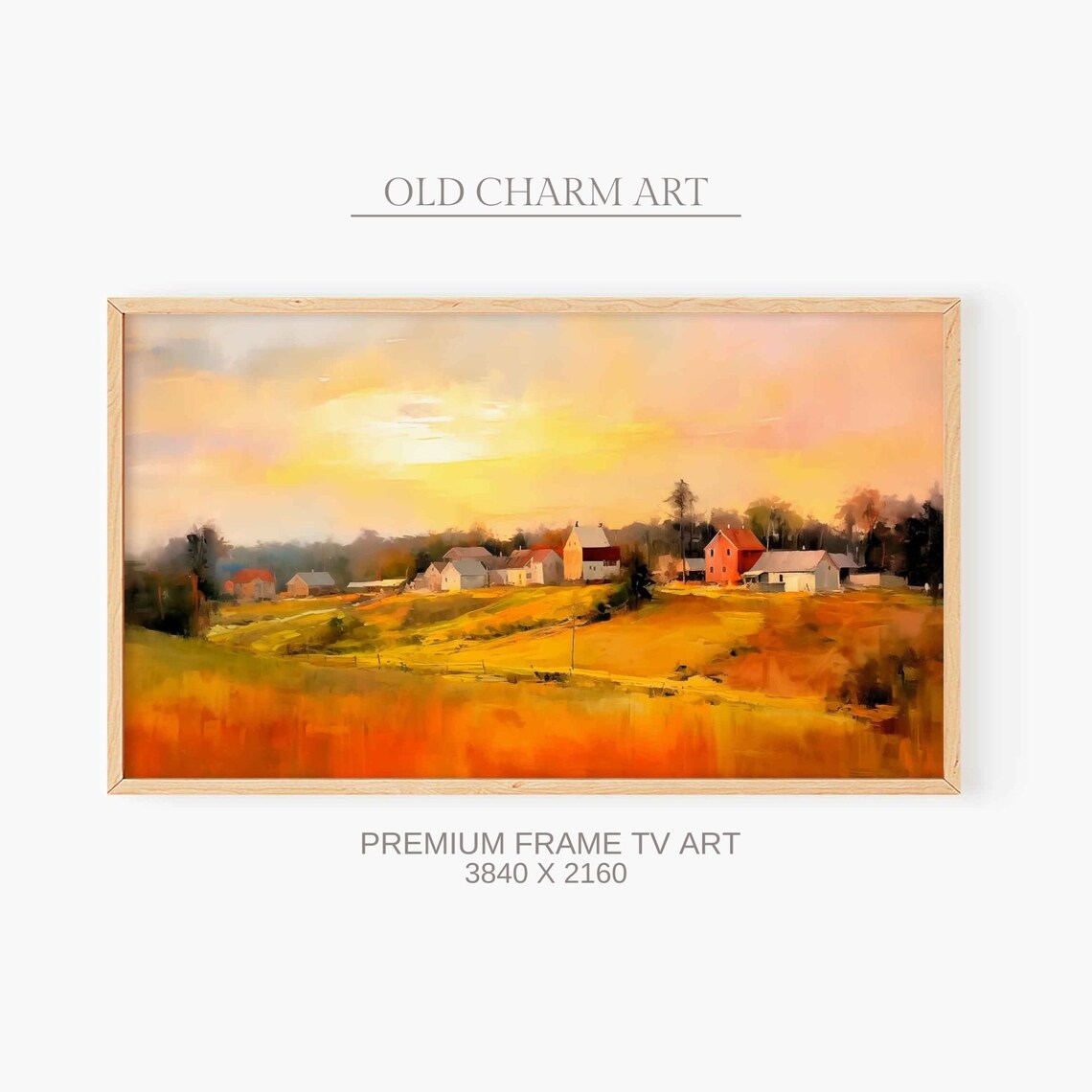 Golden Autumn Sunset Over Farming Village and Fields Art Poster