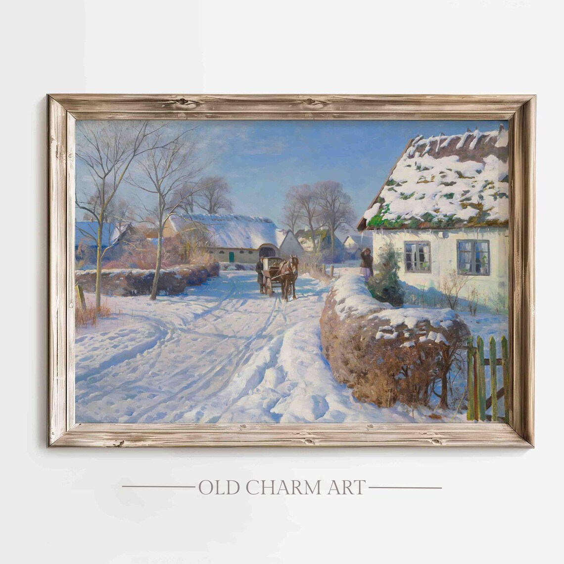 Sunny Snowy Village Horse Sleigh Thatched Cottage Painting Poster