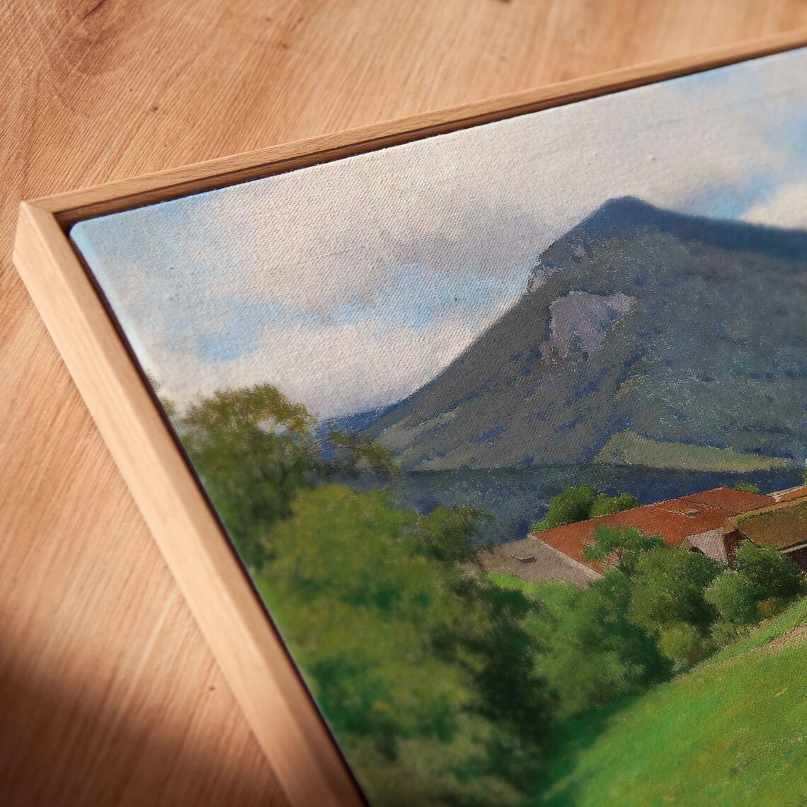 Alpine Mountain Peak Above Red Roof Farm And Green Meadow Poster - Image 2