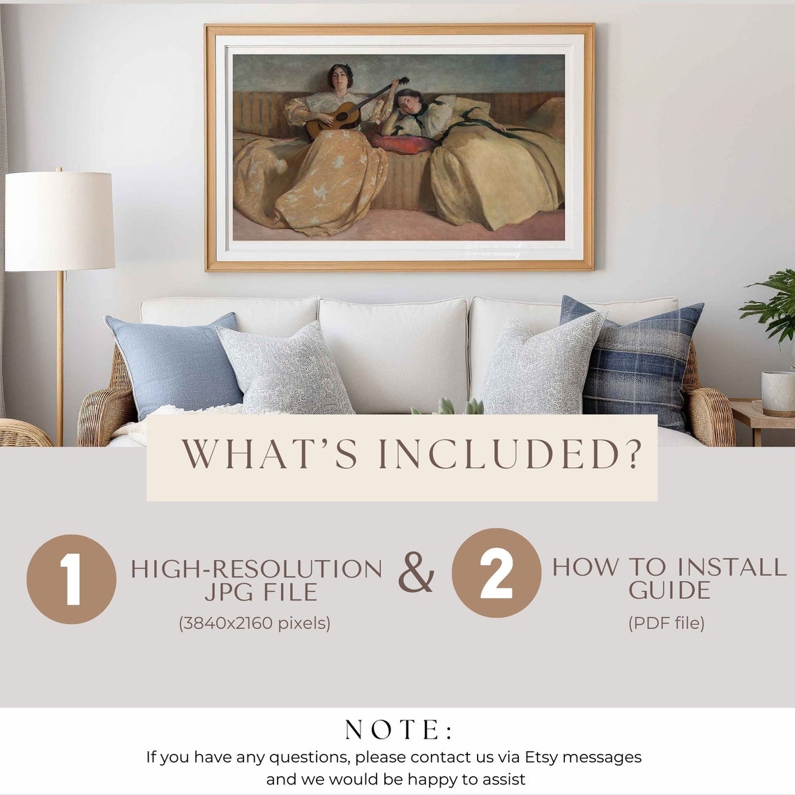 Two Women on Settee With Guitar Antique Interior Painting Poster - Image 2