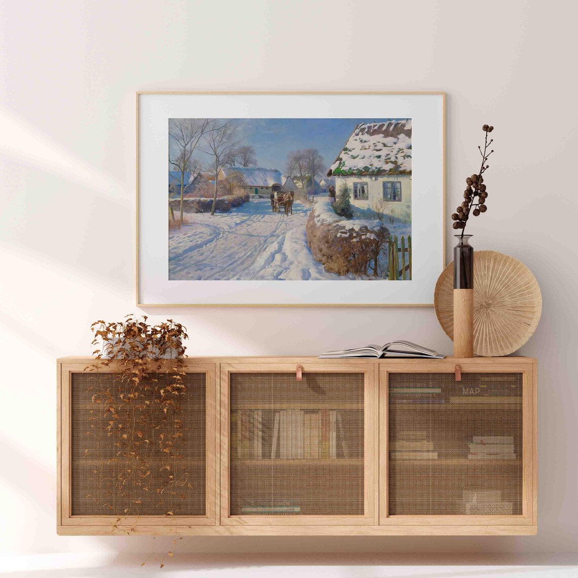 Sunny Snowy Village Horse Sleigh Thatched Cottage Painting Poster - Image 3