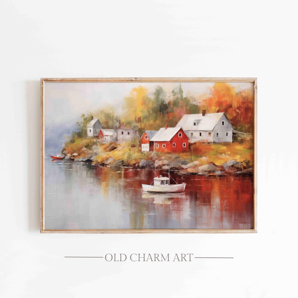 Red Coastal Village Rocky Shore Autumn Lake Cozy Painting Poster