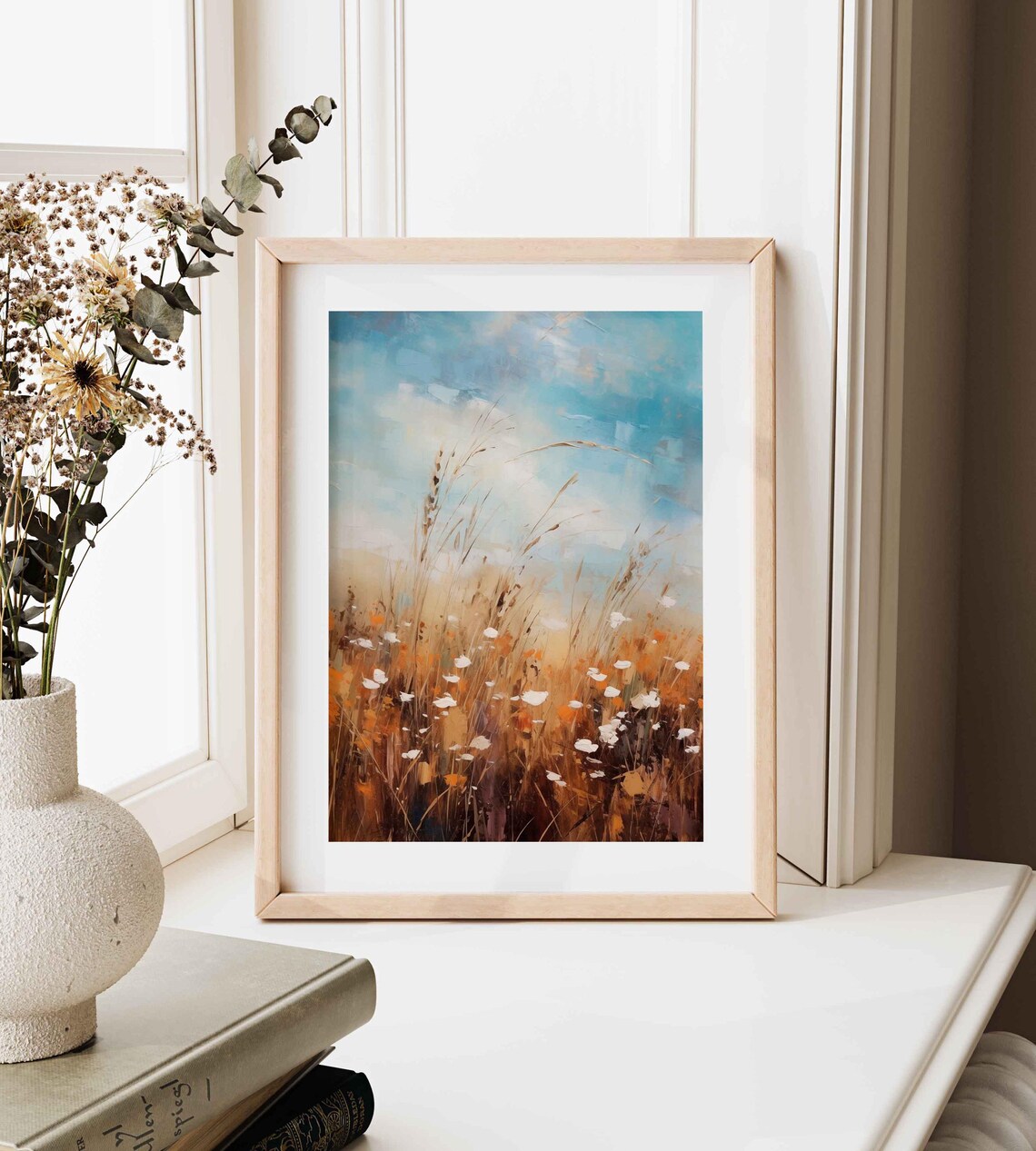 Bright Wildflower Meadow Tall Grasses Blue Sky Oil Painting Poster - Image 2