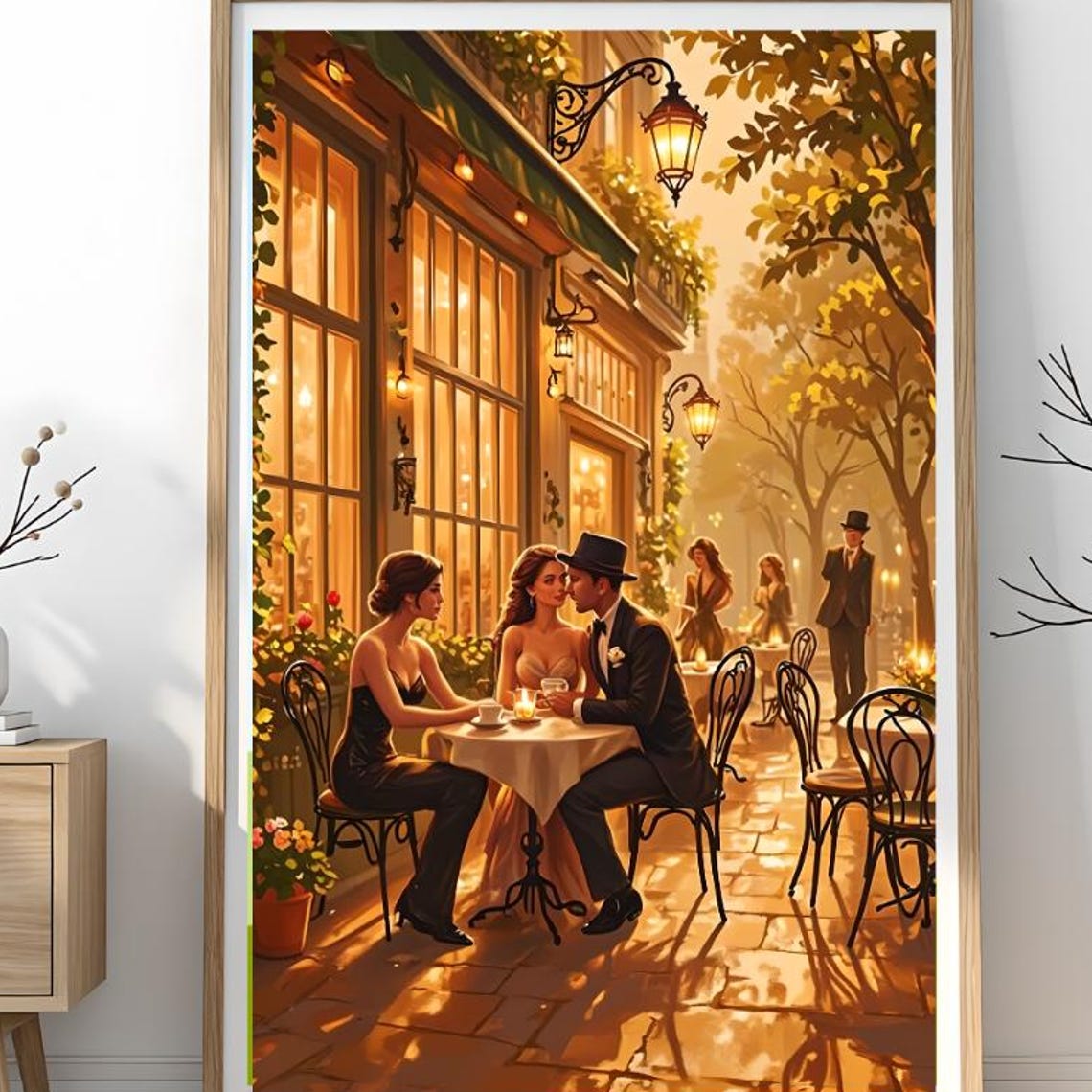 Romantic Paris Couple Candlelit Cafe Golden Evening Painting Poster