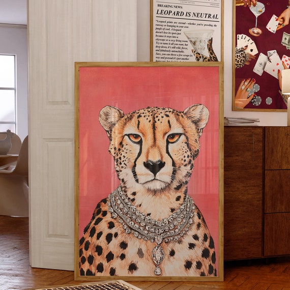 Luxury Cheetah Portrait Wall Art Print Of Regal Cheetah With Diamond Necklace Bold Animal Decor Glamorous Wildlife Illustration