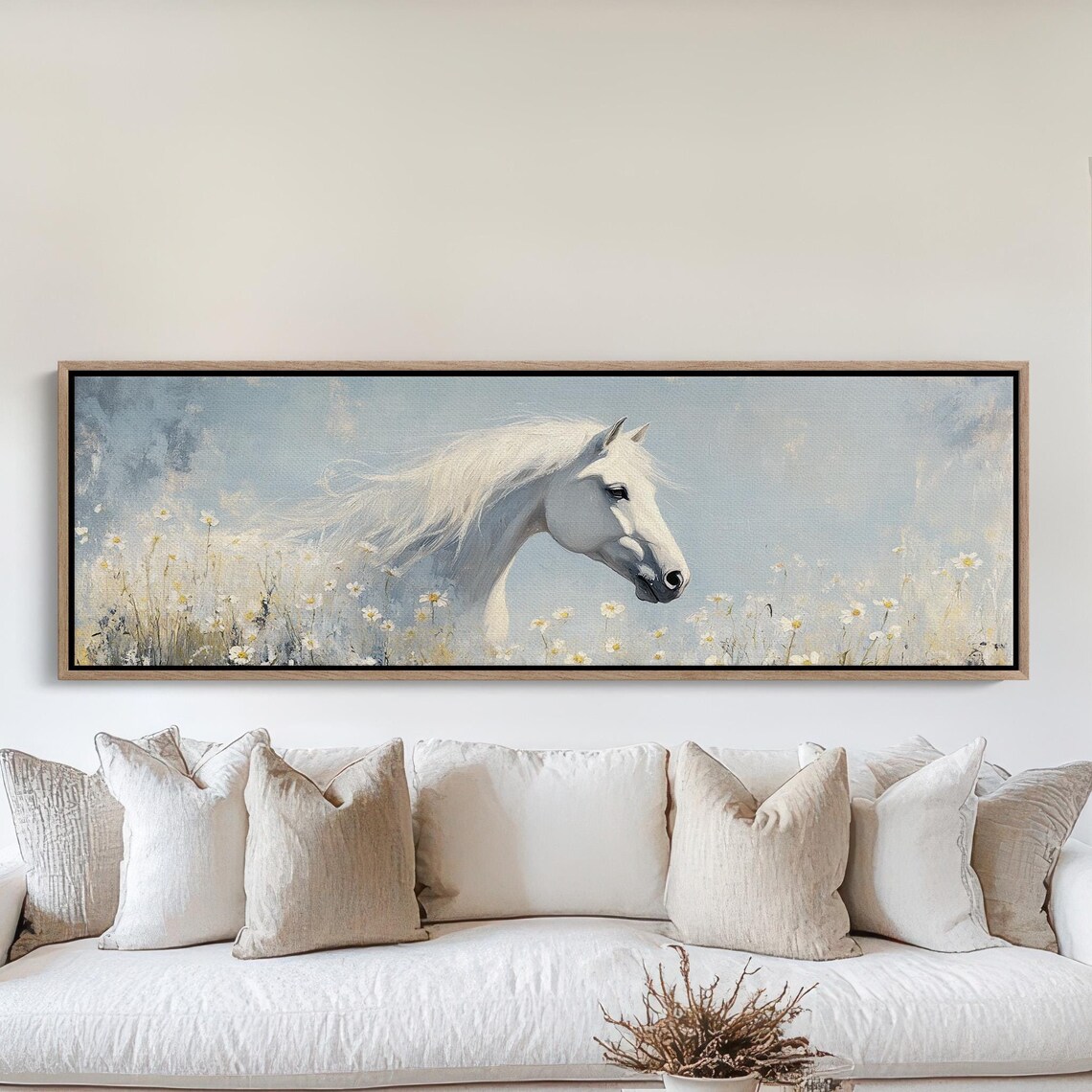 White Horse Daisy Field Profile Serene Equine Panorama Poster