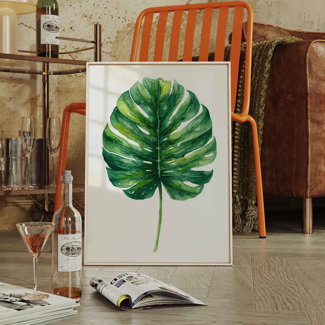 Tropical Monstera Leaf Large Watercolor Green Botanical Art Poster