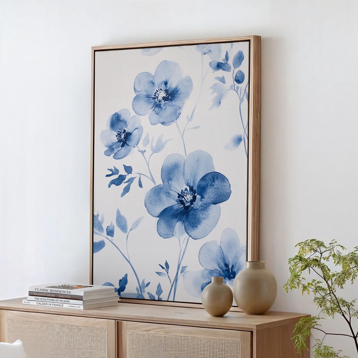 Minimalist Blue Floral Watercolor Large Blossoms Elegant Modern Poster