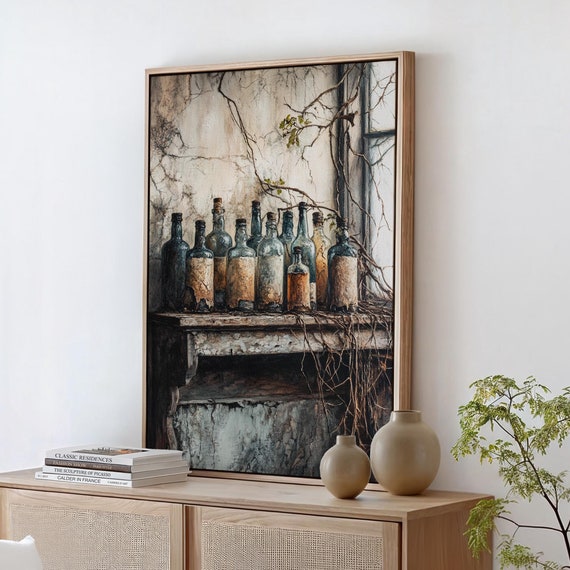 Rustic Vintage Bottles Wall Art Antique Glass Bottle Collection Rustic Home Decor Weathered Mantel Still Life Farmhouse Charm