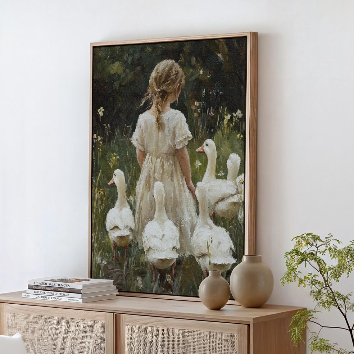 Little Girl in White Dress Walking With Five Geese in Meadow Poster