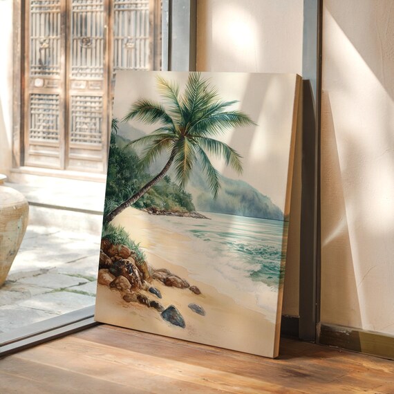 Tropical Leaning Palm Tree Beach Watercolor Serene Coastal Poster