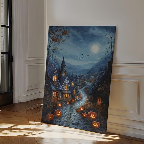Halloween Village Jack O Lanterns Haunted Lane Full Moon Wall Art Print