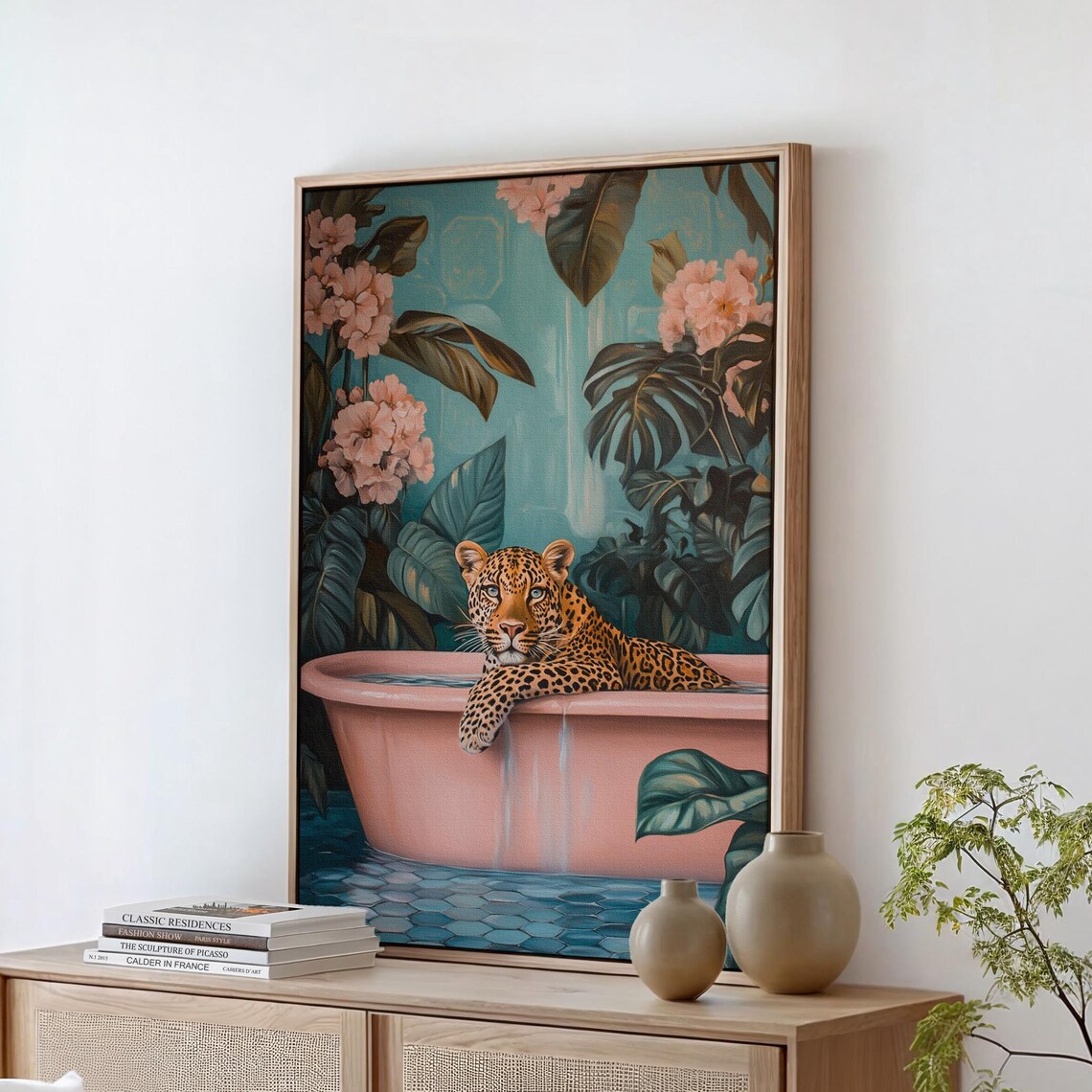 Leopard In Pink Tub Tropical Jungle Floral Bathroom Decor Poster